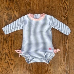 Ruffle Butts Blue and Pink Striped Long-Sleeve One-Piece Swimsuit